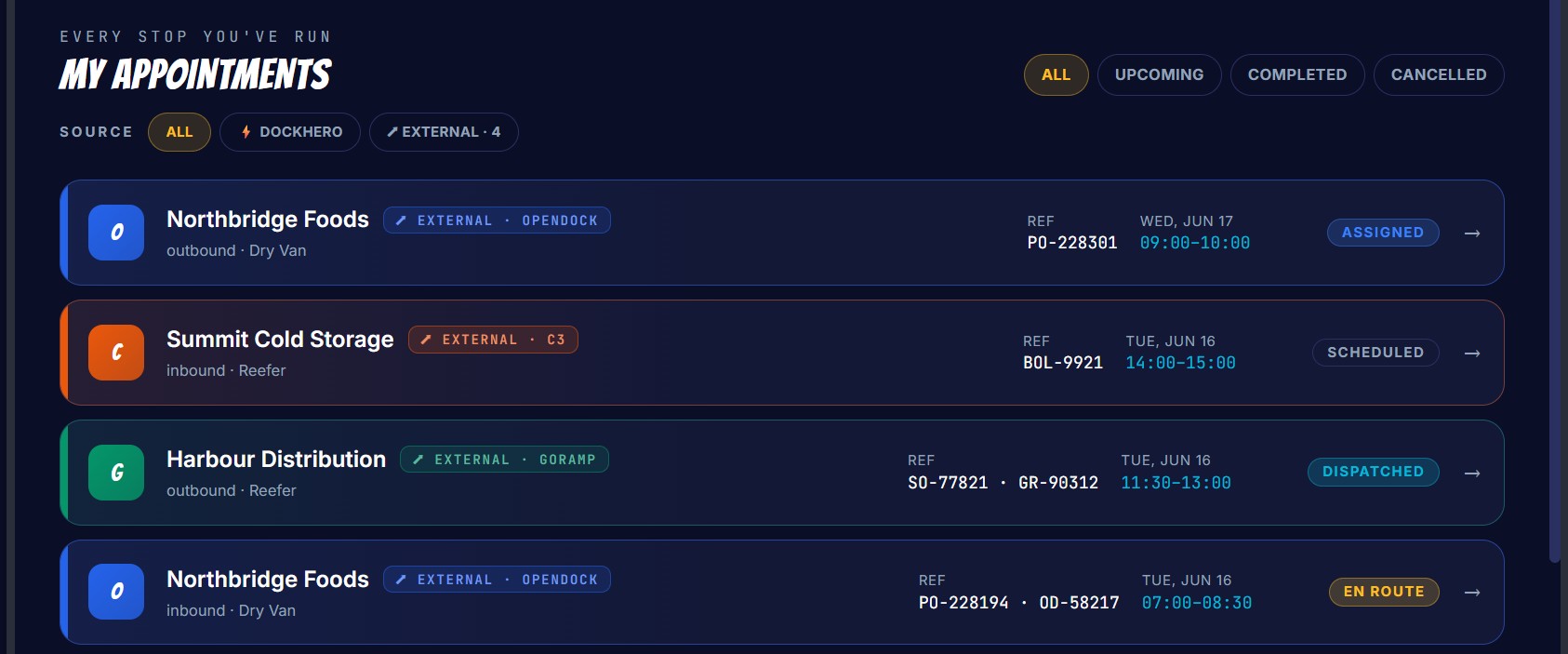 DockHero appointment lifecycle — booked through checked-in, loading, complete and departed