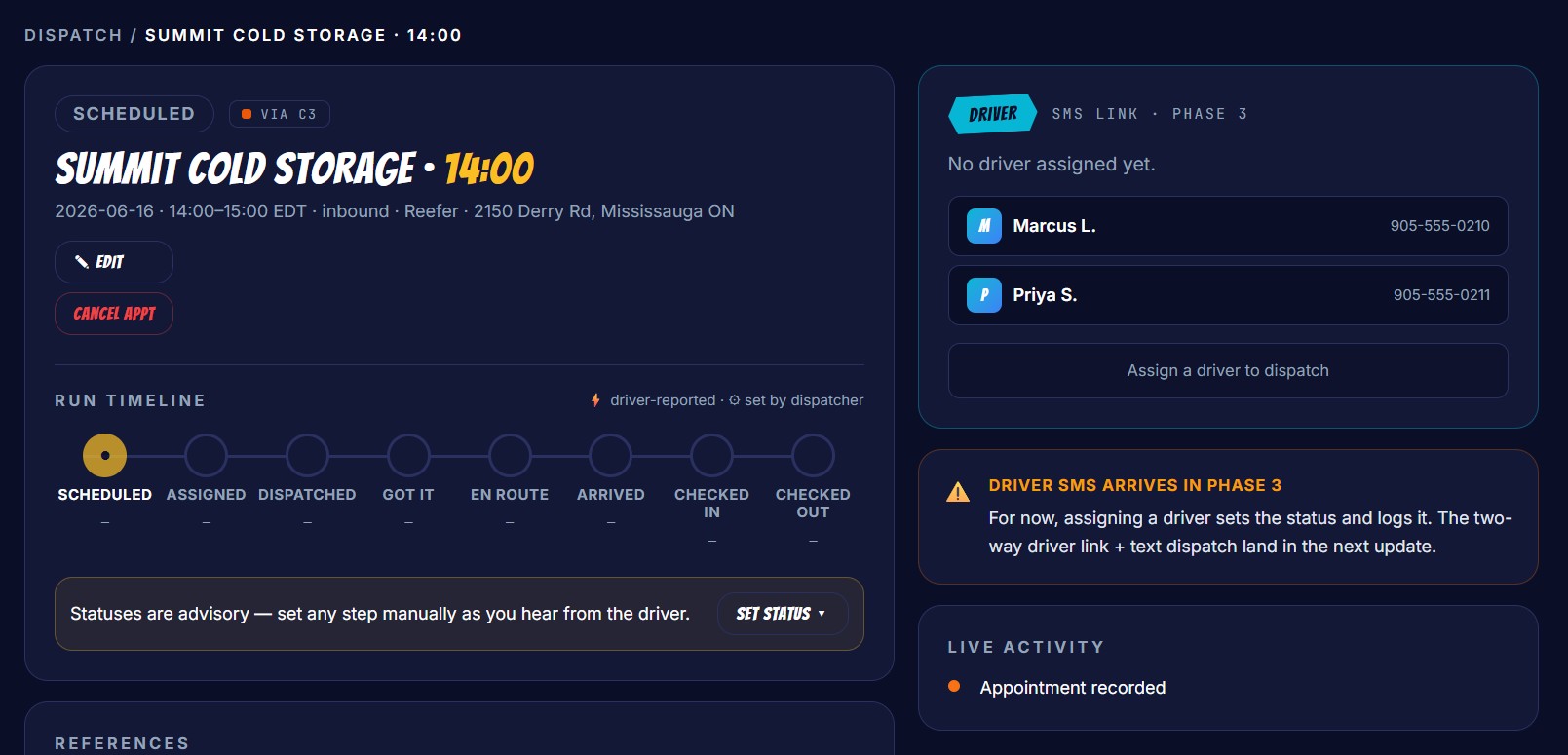 DockHero carrier assigning a driver to an appointment and sending a magic-link text