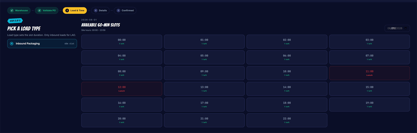 DockHero carrier self-service booking portal with PO validation