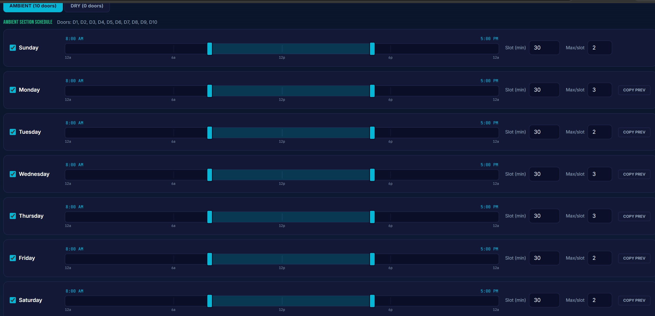 DockHero schedule editor configured for a warehouse dock
