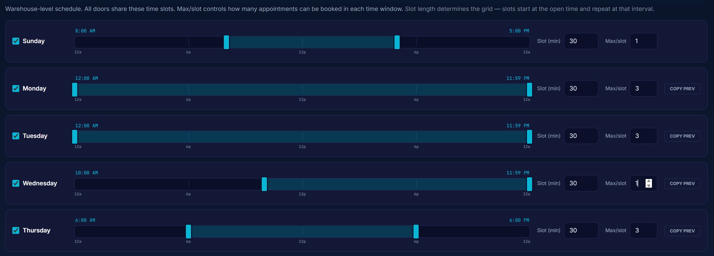 DockHero schedule for a dock — appointments laid out across doors and time