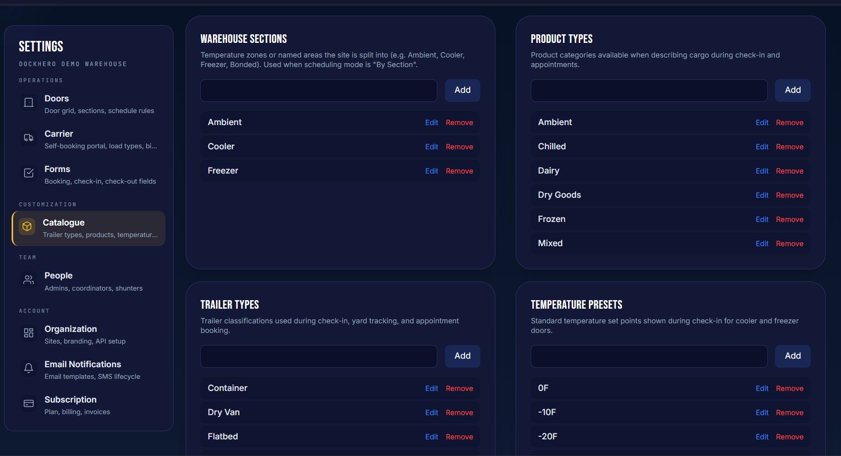 DockHero Catalogue — define your own warehouse sections, product types, trailer types and temperature presets